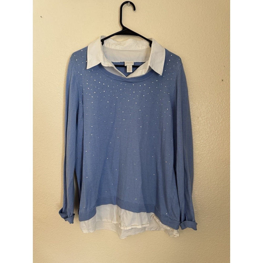 Chico's 3 (XL) Soft Blue Rhinestone‎ Front Sweater Overlay Tunic White Blouse